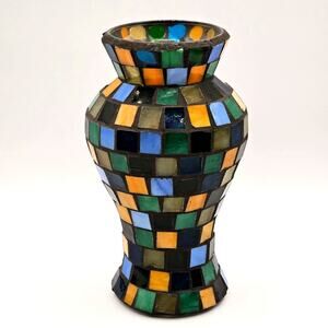 VTG Opalescent Stained Glass Mosaic Flower Vase Hand Crafted Multicolor Glass